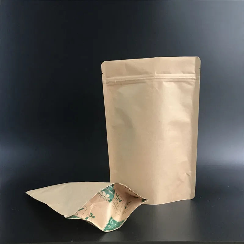 50pcs Compostable Stand Up Pouch 28g Coffee Spice Food Storage Bags Whey Protein Powder Customizable Printing Zipper Pouch