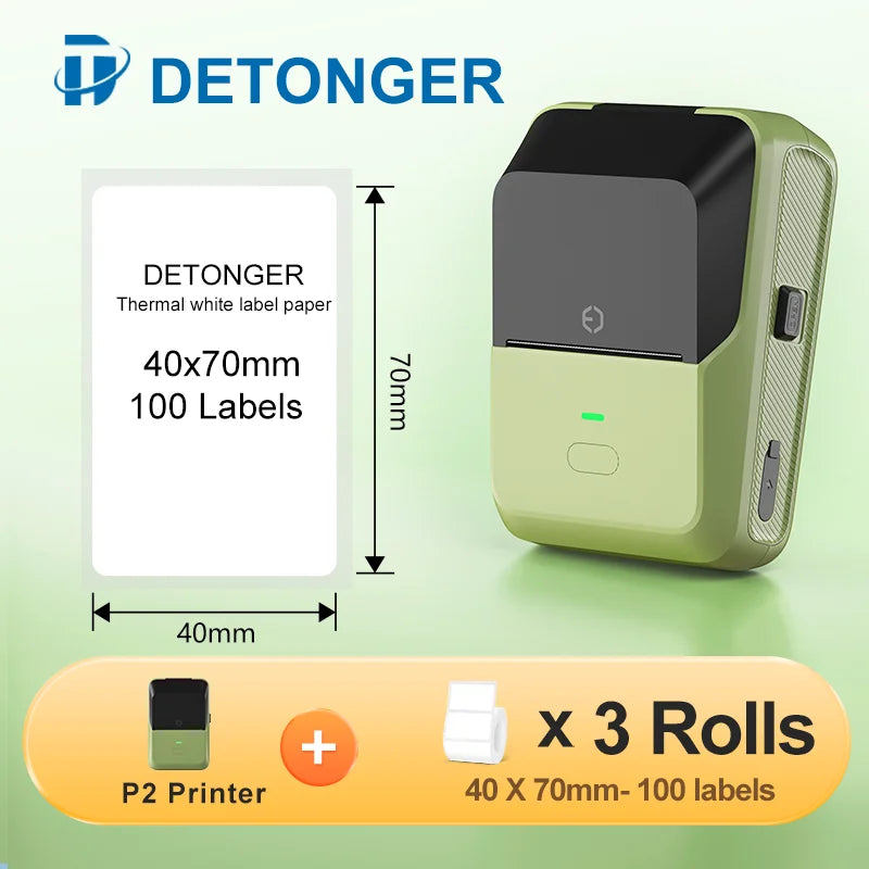 DETONGER P2 Mini Printer Plus 3 Rolls Thermal Self-adhesive White Label for Home&Office Clothing Food Wireless Sticker Marker
