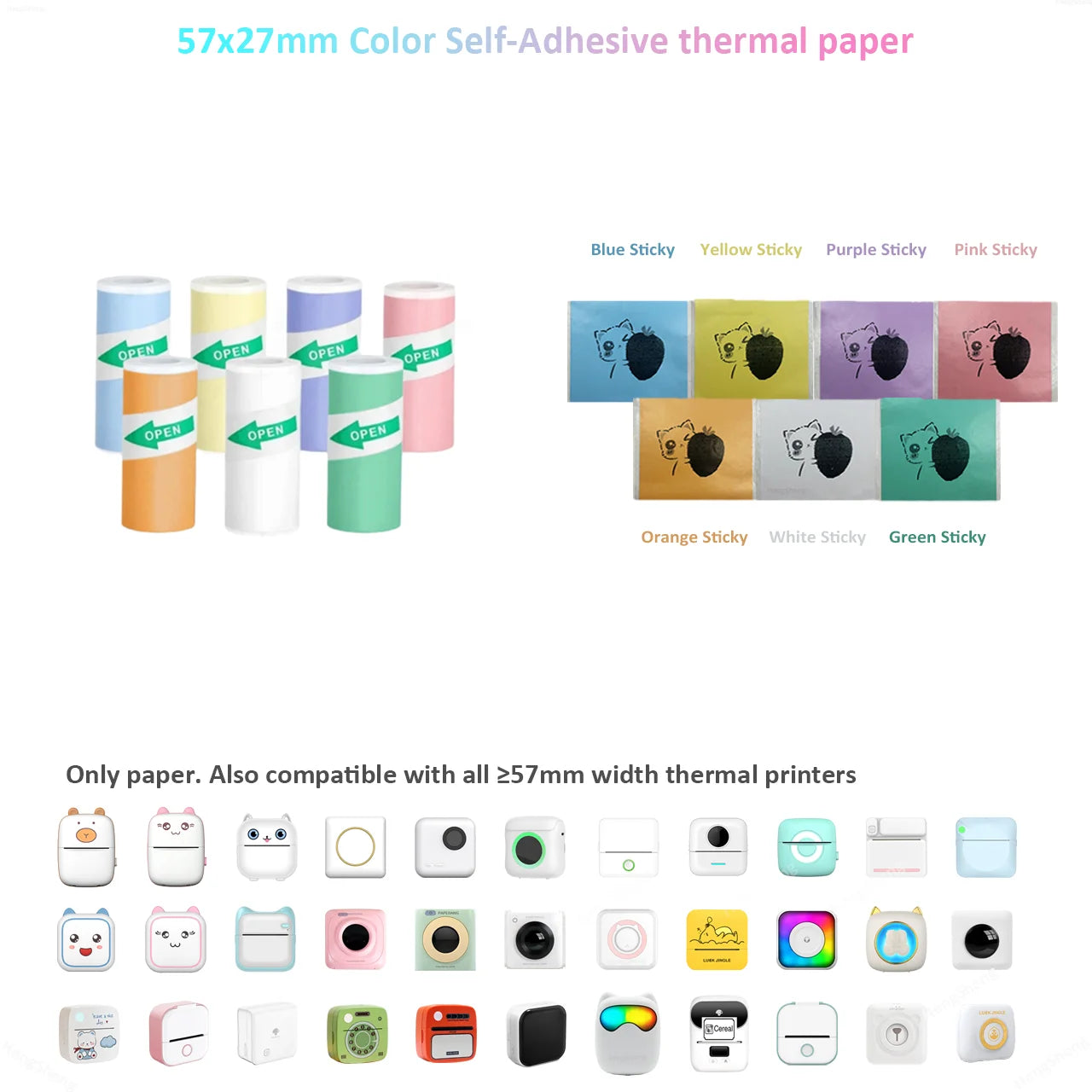 Mini Printer Color Sticker Thermal Paper Label Paper Sticker Photo Papers For PeriPage PAPERANG Poooli 57mm width Photo Printer