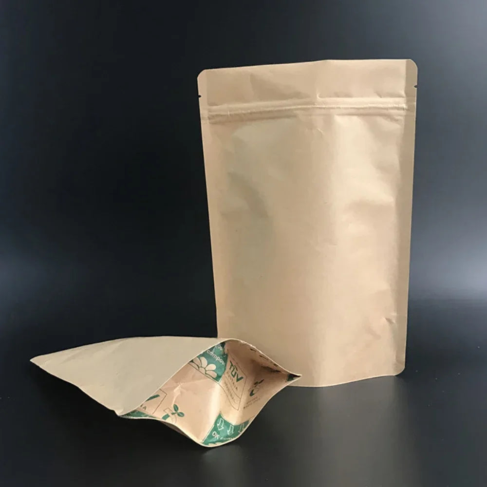 50pcs Compostable Stand Up Pouch 28g Coffee Spice Food Storage Bags Whey Protein Powder Customizable Printing Zipper Pouch