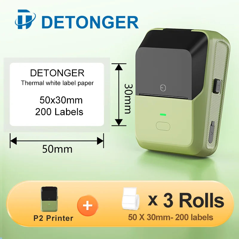 DETONGER P2 Mini Printer Plus 3 Rolls Thermal Self-adhesive White Label for Home&Office Clothing Food Wireless Sticker Marker