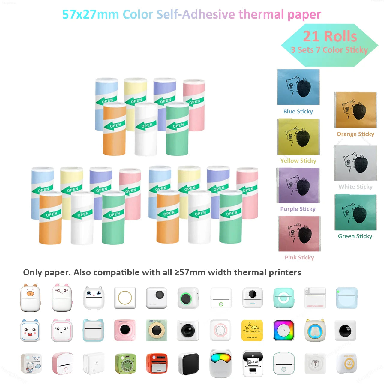Mini Printer Color Sticker Thermal Paper Label Paper Sticker Photo Papers For PeriPage PAPERANG Poooli 57mm width Photo Printer