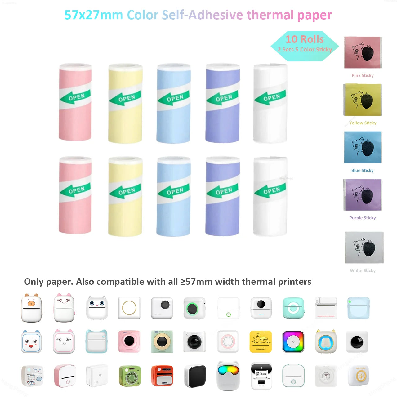 Mini Printer Color Sticker Thermal Paper Label Paper Sticker Photo Papers For PeriPage PAPERANG Poooli 57mm width Photo Printer