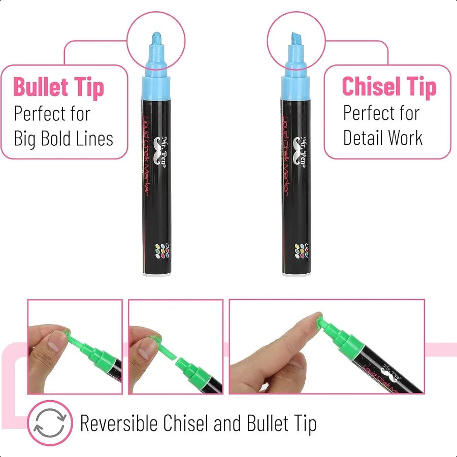Chalkboard Markers 6 Pack Dual Tip Vibrant Colors 8 Labels Liquid Chalk Pens for Blackboard and Chalkboard