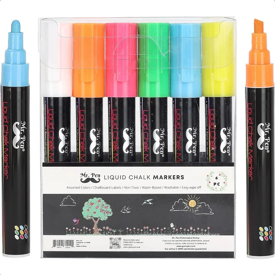 Chalkboard Markers 6 Pack Dual Tip Vibrant Colors 8 Labels Liquid Chalk Pens for Blackboard and Chalkboard