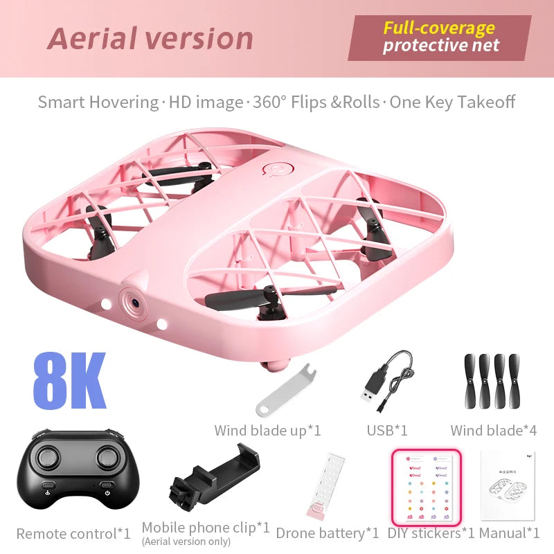 H107 Pink Mini Drone 8K High-definition Aerial Photography Remote Control Plane Drone Small Quadcopters Toy for Boys Girls Gift