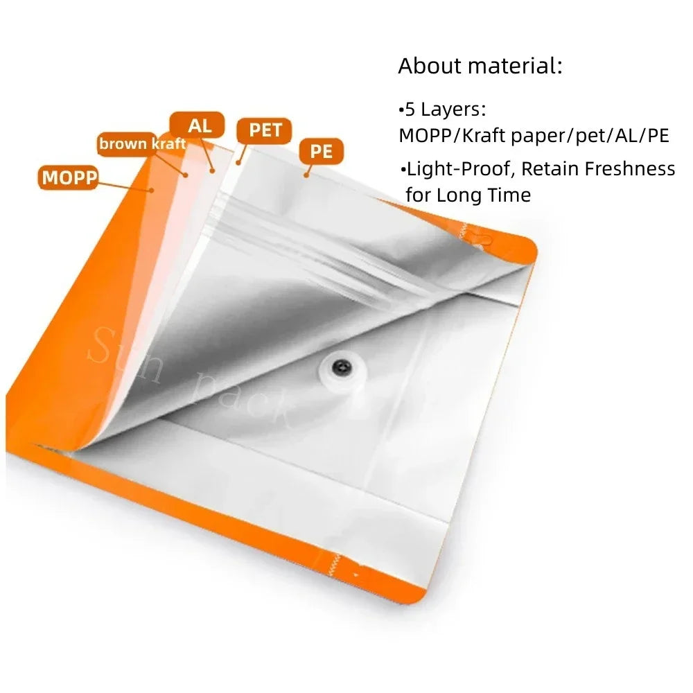 50pcs Matt Orange 100g 250g 500g Coffee Bean Powder Packaging Bag with Valve Aluminum Foil Snack Nut Rice Tea Food Storage Bag