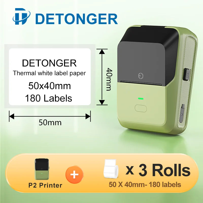 DETONGER P2 Mini Printer Plus 3 Rolls Thermal Self-adhesive White Label for Home&Office Clothing Food Wireless Sticker Marker