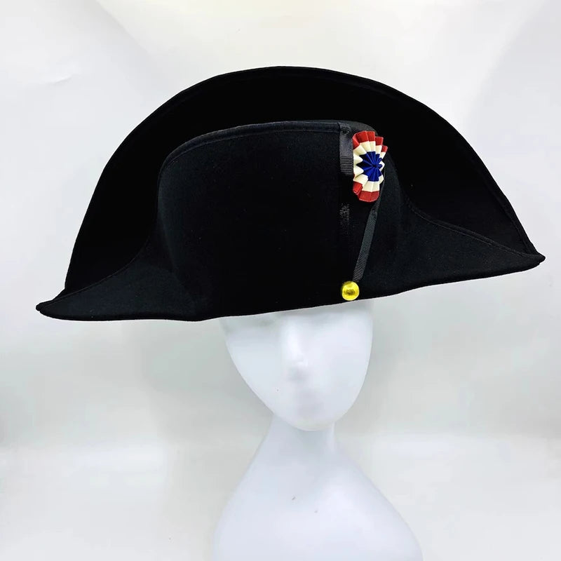 Napoleon French Style Admiral Captains Bicorne Hat Cosplay Cap Black Men Adult Prop Accessories 59cm Head Size