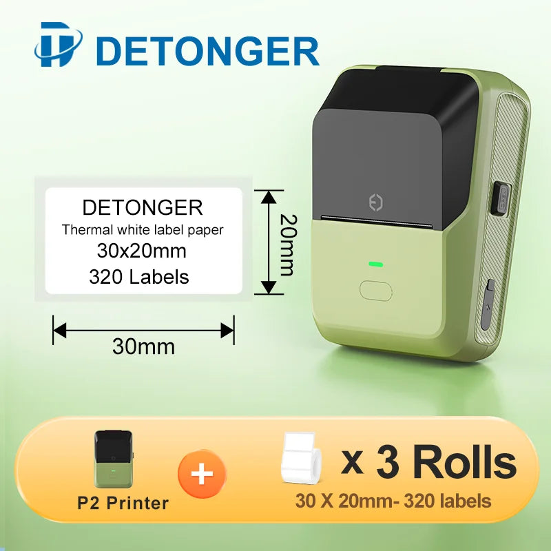 DETONGER P2 Mini Printer Plus 3 Rolls Thermal Self-adhesive White Label for Home&Office Clothing Food Wireless Sticker Marker