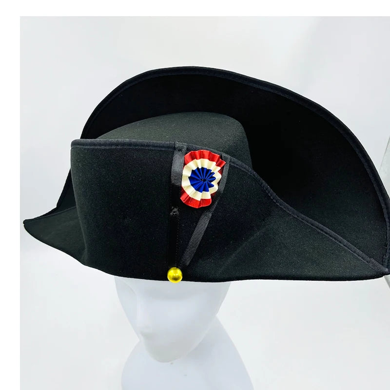 Napoleon French Style Admiral Captains Bicorne Hat Cosplay Cap Black Men Adult Prop Accessories 59cm Head Size