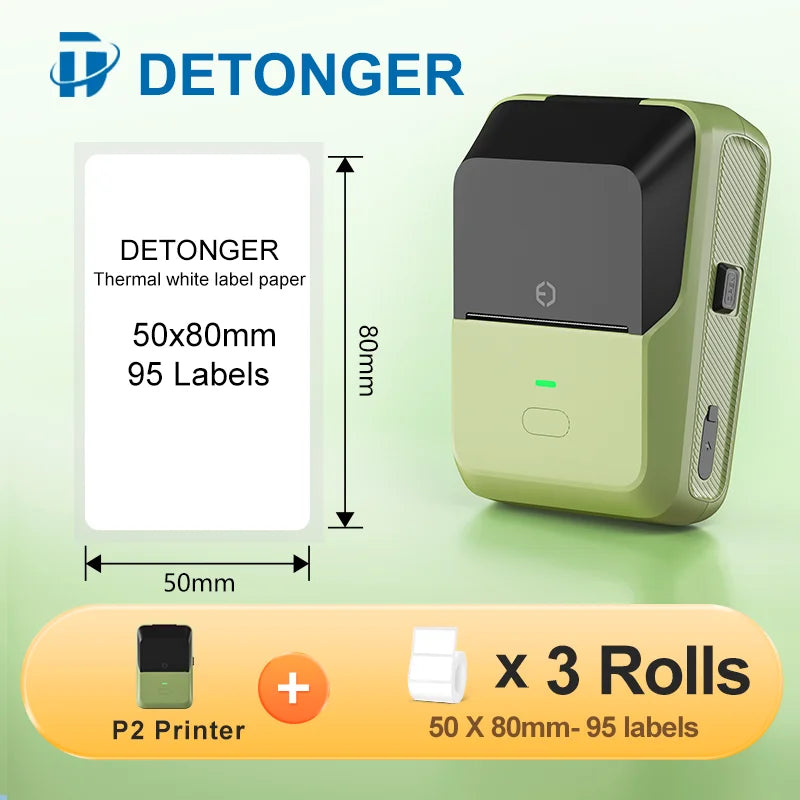 DETONGER P2 Mini Printer Plus 3 Rolls Thermal Self-adhesive White Label for Home&Office  Clothing Food Wireless Sticker Marker