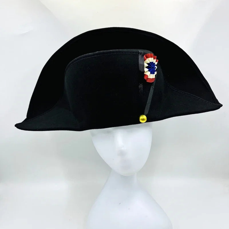 Napoleon French Style Admiral Captains Bicorne Hat Cosplay Cap Black Men Adult Prop Accessories 59cm Head Size