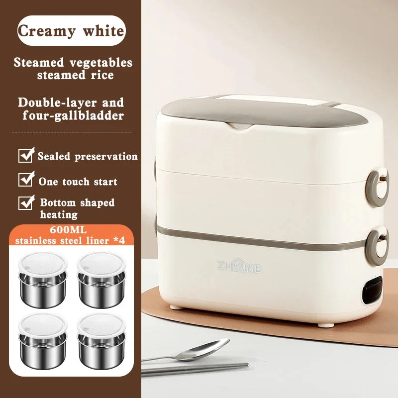 Upgraded 2.4L Double-layer Portable Electric Heating Lunch Box Household Multi-functional Rice Cooker Steamer Small Lunch Box