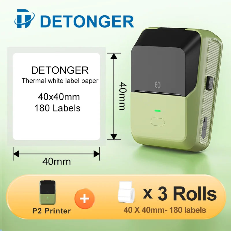 DETONGER P2 Mini Printer Plus 3 Rolls Thermal Self-adhesive White Label for Home&Office  Clothing Food Wireless Sticker Marker