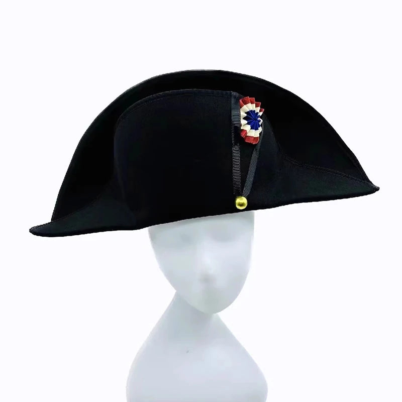 Napoleon French Style Admiral Captains Bicorne Hat Cosplay Cap Black Men Adult Prop Accessories 59cm Head Size