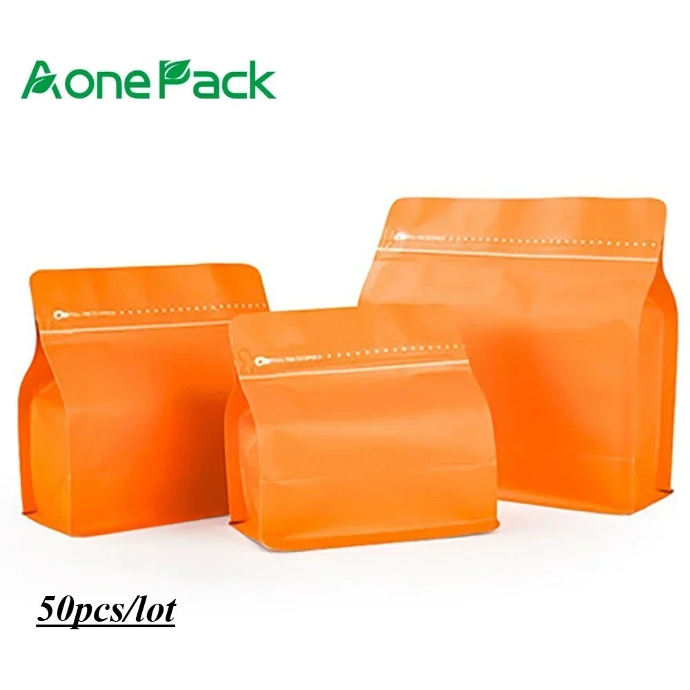 50pcs Matt Orange 100g 250g 500g Coffee Bean Powder Packaging Bag with Valve Aluminum Foil Snack Nut Rice Tea Food Storage Bag
