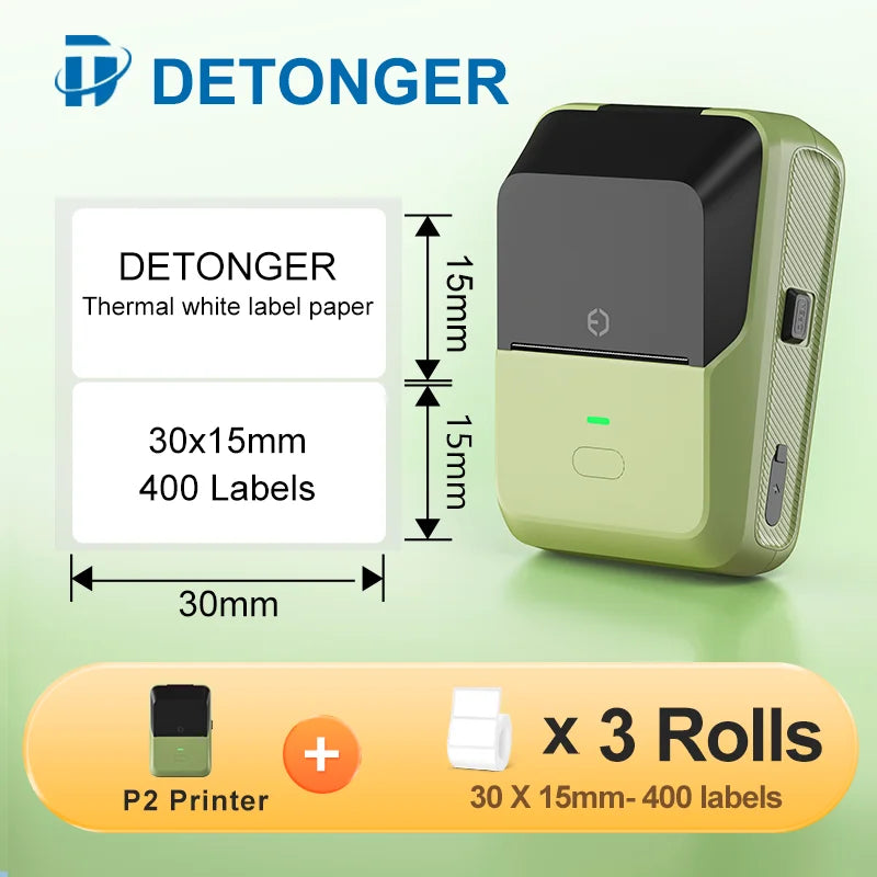 DETONGER P2 Mini Printer Plus 3 Rolls Thermal Self-adhesive White Label for Home&Office  Clothing Food Wireless Sticker Marker