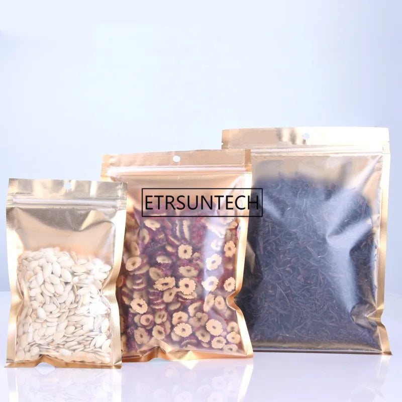 1000pcs 10 Size Inner Golden Mylar Bag-front Matte Clear Plastic Pouches Zipper Resealable Aluminum Foil Rice/Salt Sack