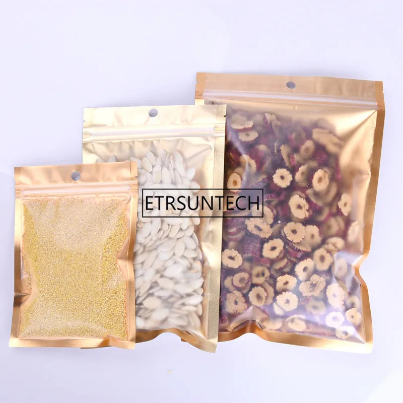 1000pcs 10 Size Inner Golden Mylar Bag-front Matte Clear Plastic Pouches Zipper Resealable Aluminum Foil Rice/Salt Sack