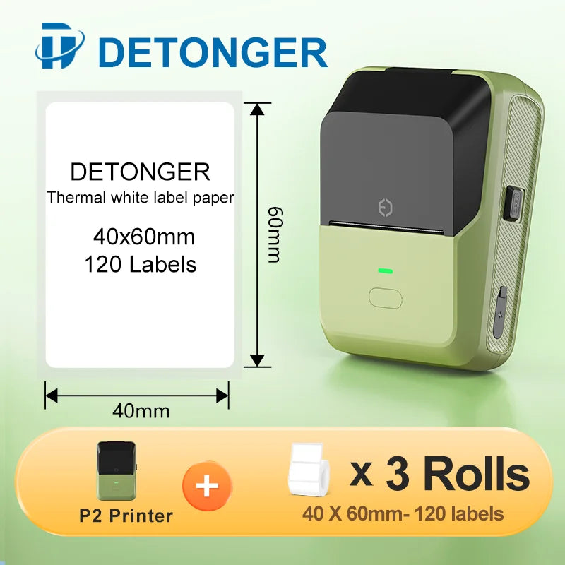DETONGER P2 Mini Printer Plus 3 Rolls Thermal Self-adhesive White Label for Home&Office  Clothing Food Wireless Sticker Marker