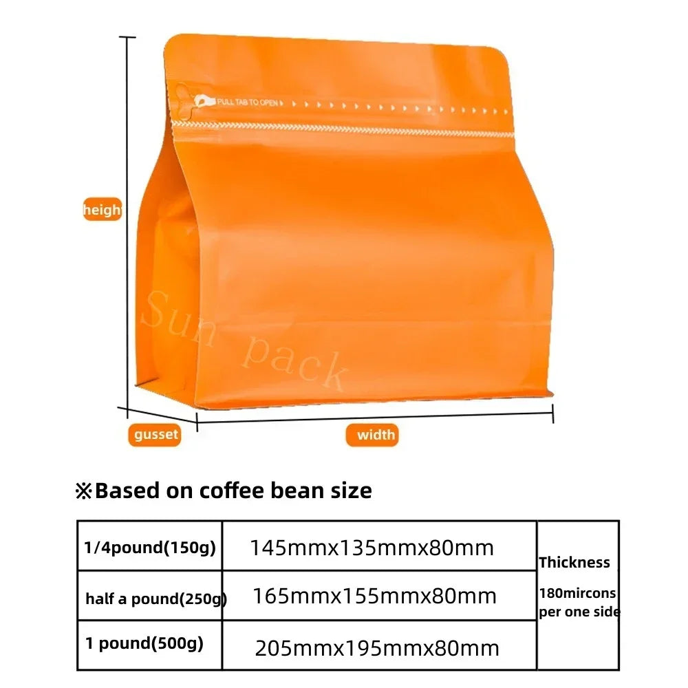 50pcs Matt Orange 100g 250g 500g Coffee Bean Powder Packaging Bag with Valve Aluminum Foil Snack Nut Rice Tea Food Storage Bag