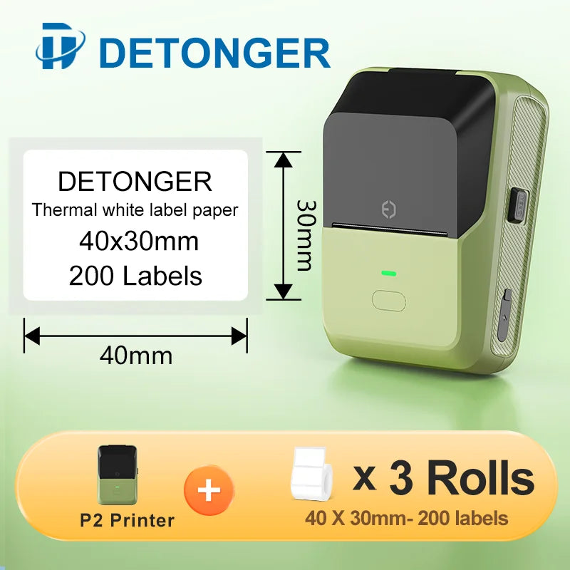 DETONGER P2 Mini Printer Plus 3 Rolls Thermal Self-adhesive White Label for Home&Office  Clothing Food Wireless Sticker Marker