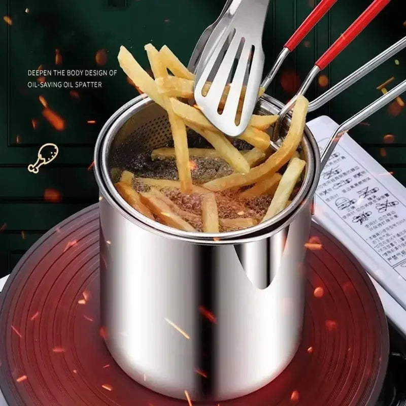 1 Set Kitchen Deep Frying Pot Stainless Steel Kitchen Fryer with Strainer Tempura Fryer Pan Chicken Fried Chicken Cooking Tools
