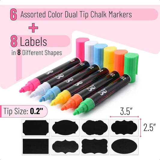 Chalkboard Markers 6 Pack Dual Tip Vibrant Colors 8 Labels Liquid Chalk Pens for Blackboard and Chalkboard