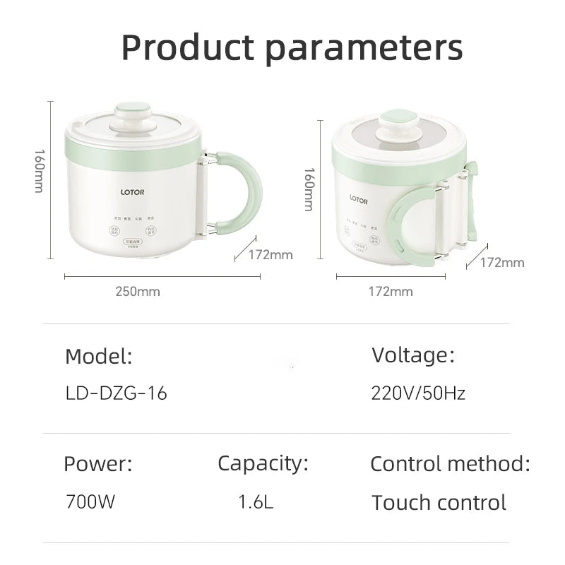 1.6L Electric Cooking Pot Folding Handle Portable Rice Cooker Travel Pot Mini Dormitory Hot Pot Electric Frying Pan 220V