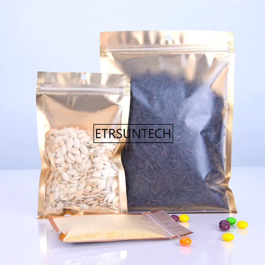 1000pcs 10 Size Inner Golden Mylar Bag-front Matte Clear Plastic Pouches Zipper Resealable Aluminum Foil Rice/Salt Sack
