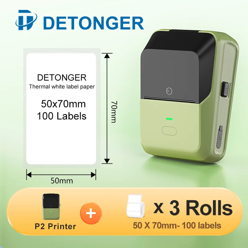 DETONGER P2 Mini Printer Plus 3 Rolls Thermal Self-adhesive White Label for Home&Office  Clothing Food Wireless Sticker Marker
