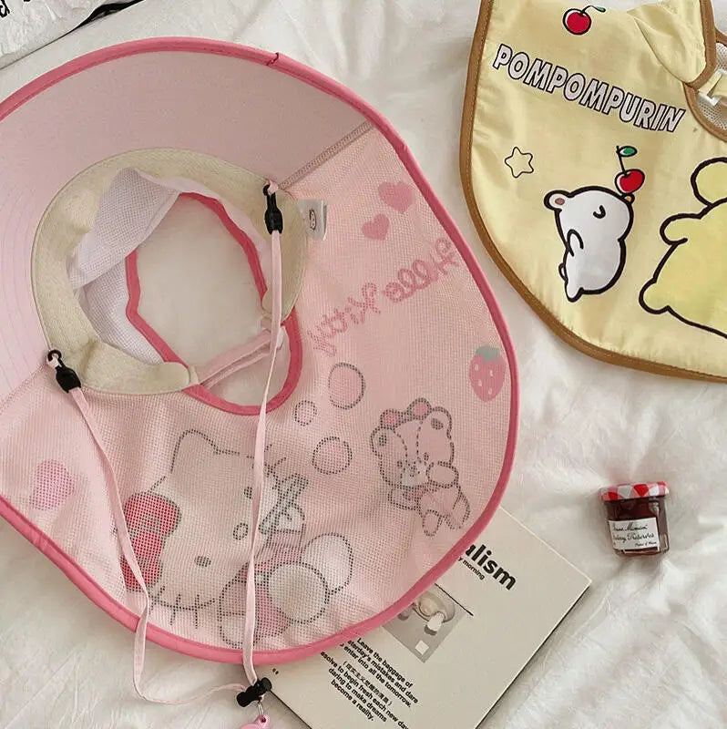 Summer Kids Sunscreen Hat Kuromi Cinnamoroll Melody Outdoor Shawl Fisherman Hat Kawaii Cartoon Empty Top Uv Protection Sun Cap