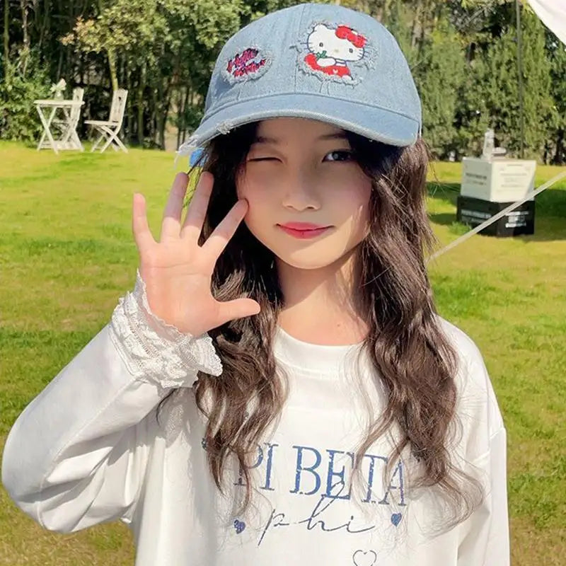 Sanrio Hello Kitty Cowboy Baseball Cap Girl Student Outdoors Sunshade Wide Brim Hat Sunscreen Kawaii Anime Fashion New Style Hat