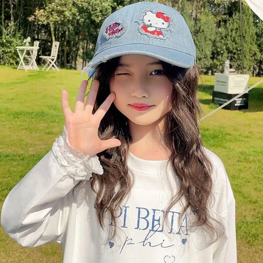 Sanrio Hello Kitty Cowboy Baseball Cap Girl Student Outdoors Sunshade Wide Brim Hat Sunscreen Kawaii Anime Fashion New Style Hat