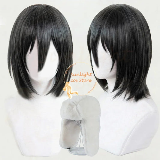 Synthetic Fyodor Dostoevsky Cosplay Wig Short Scalp Black Fyodor D Dostoevsky Anime Wig With Hat Heat Resistant Wigs + Wig Cap