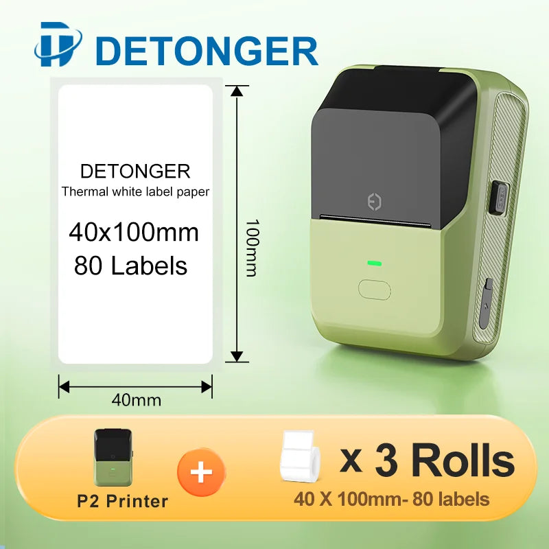 DETONGER P2 Mini Printer Plus 3 Rolls Thermal Self-adhesive White Label for Home&Office  Clothing Food Wireless Sticker Marker