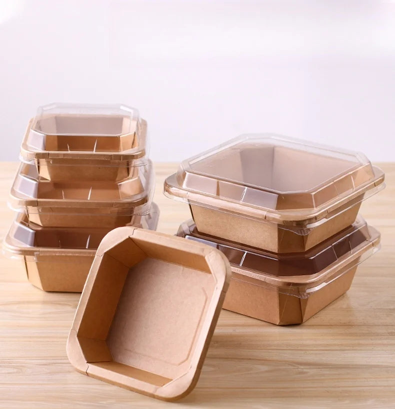 10pcs Disposable Kraft Paper Lunch Box for Fruit Dessert Home Party Takeaway Bento Paper Bowl Eco-Friendly Food Packaging Box