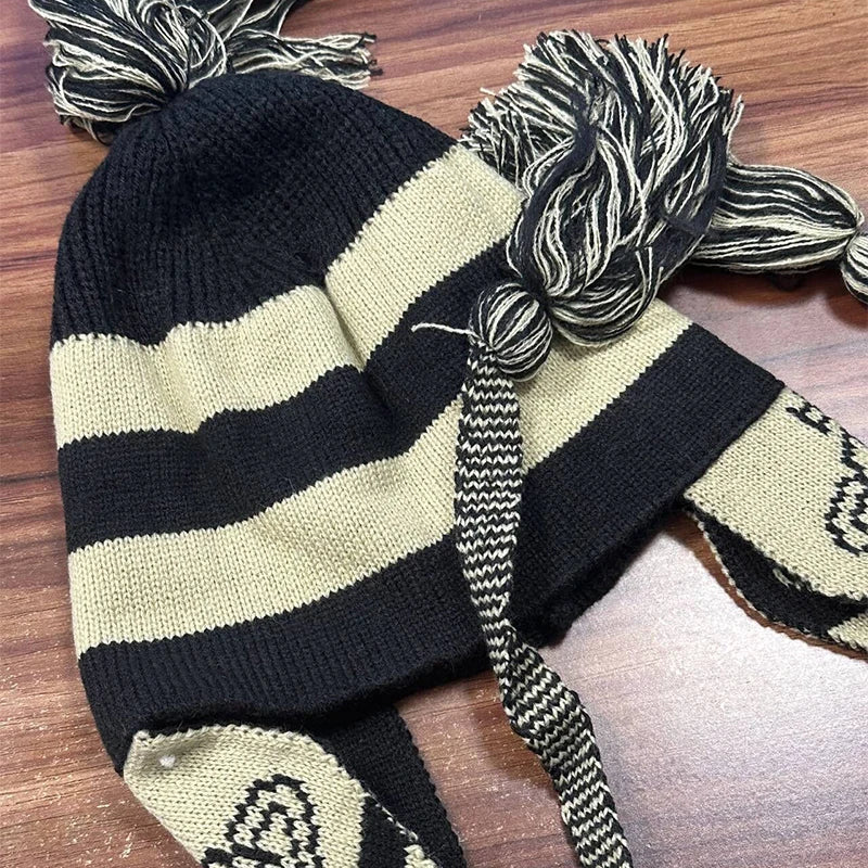 New Punk Style Jacquard Beanie Caps Anime Figure Same Design Y2K Knitted Warm Hip Hop Unisex Elastic Knit Hat Accessory