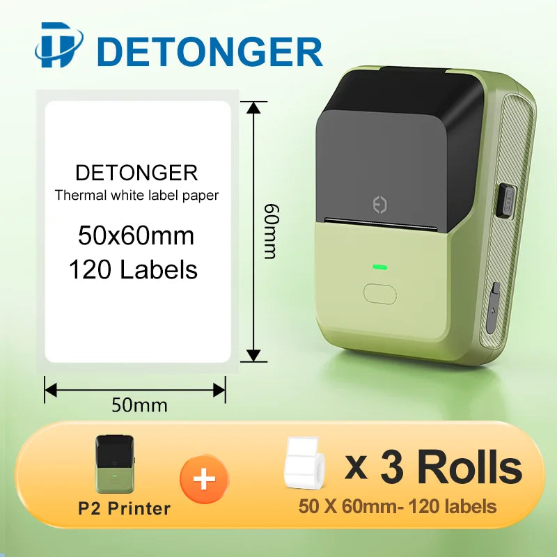 DETONGER P2 Mini Printer Plus 3 Rolls Thermal Self-adhesive White Label for Home&Office  Clothing Food Wireless Sticker Marker