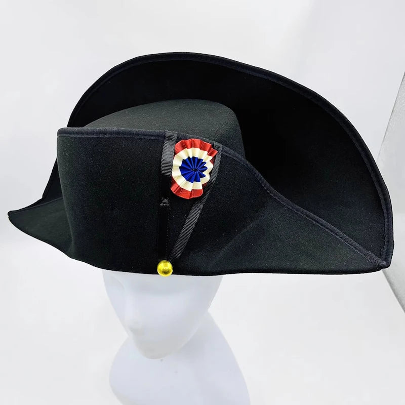 Napoleon French Style Admiral Captains Bicorne Hat Cosplay Cap Black Men Adult Prop Accessories 59cm Head Size