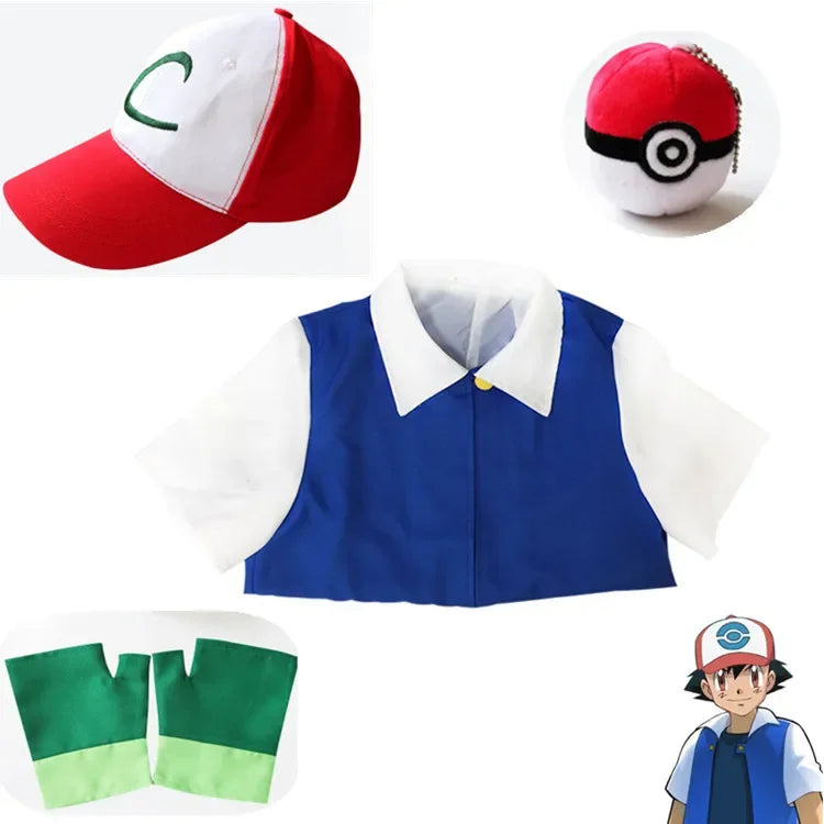Men Anime Blue Jackets Girls Boys Ash Ketchum Cosplay Costume Halloween Coach Hat Gloves Adjustable Baseball Cap Cosplay Coat